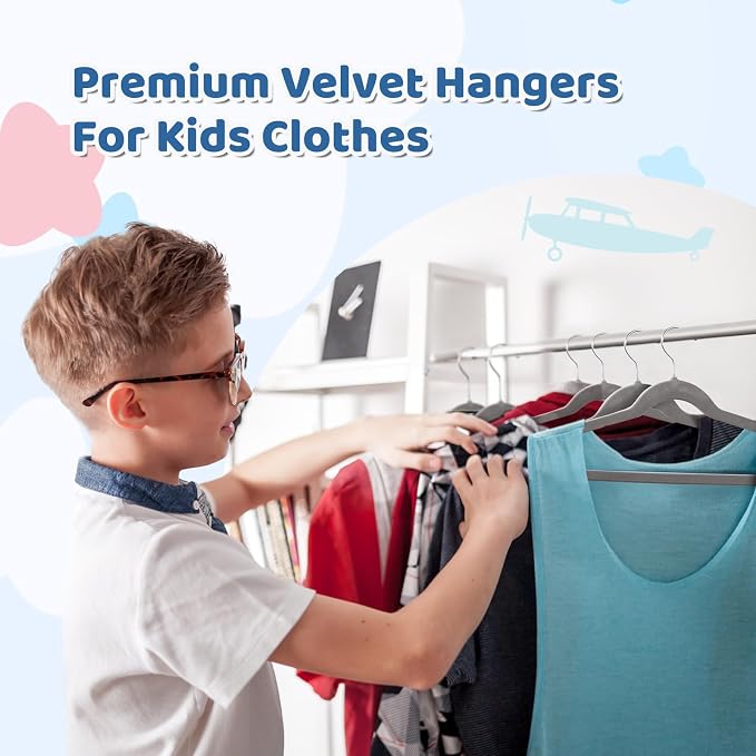 Smartor Premium 14 Inch Kids Hangers 50 Pack, Baby Velvet Hanger Non Slip | Grey Space Saving Felt Hangers Clothes Organizers for Closet with 360° Swivel Hook for Children, Toddler & Teens