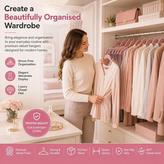 1ABOVE Premium Quality 50 Pack Non-Slip Velvet Hangers (44cm) Heavy Duty Velvet Suit Hangers with Tie Bar, 360° Swivel Hooks – Space Saving, Sturdy to Hold Jacket, Jumper & Pullover(Set of 50-Pink)