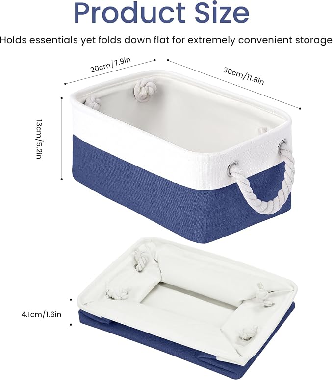 Storage Baskets for Shelves 11.8x7.9x5.2 Inch, Foldable Fabric Storage Bins with Handles, Small Storage Baskets for Organizing Closet, Office, Home Organization (3-Pack, White&Blue)