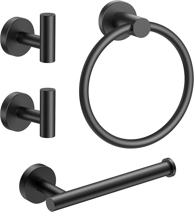 FORIOUS 4 Piece Bathroom Accessories, SUS304 Stainless Steel Toilet Paper Holder, Towel Ring and 2 Towel Hooks, Wall Mounted Bathroom Hardware Set (Matte Black)