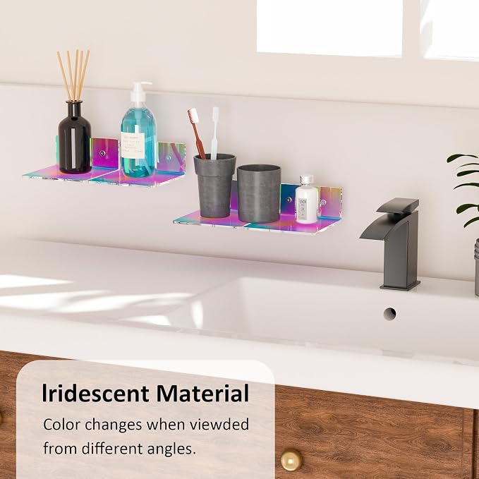 Sezanrpt 6 Inches Iridescent Small Wall Shelves, Acrylic Floating Shelf for Small Space, Acrylic Display Ledges for Funko Pop Figures, Home Décor, Plants, Smart Speaker, Digital Clock, 4 Pack