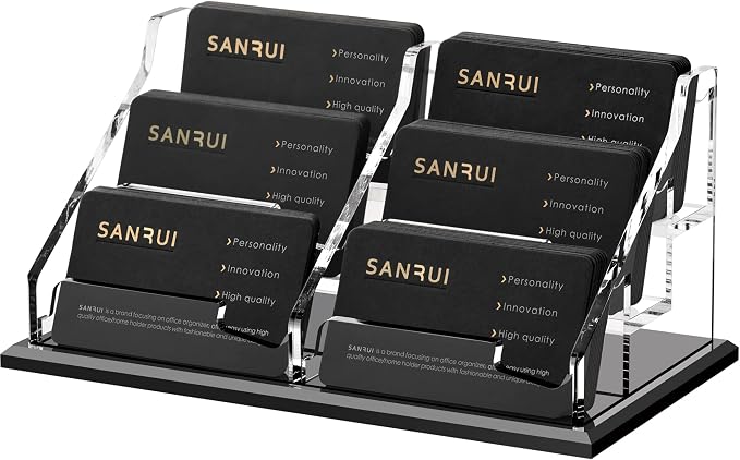 SANRUI Black Business Card Holder for Desk 6 Slot , Clear Acrylic Horizontal Name Card Stand for Women and Men, Desktop Organizer Display for Office Home Exhibition - 360 Card Capacity 1 Pack