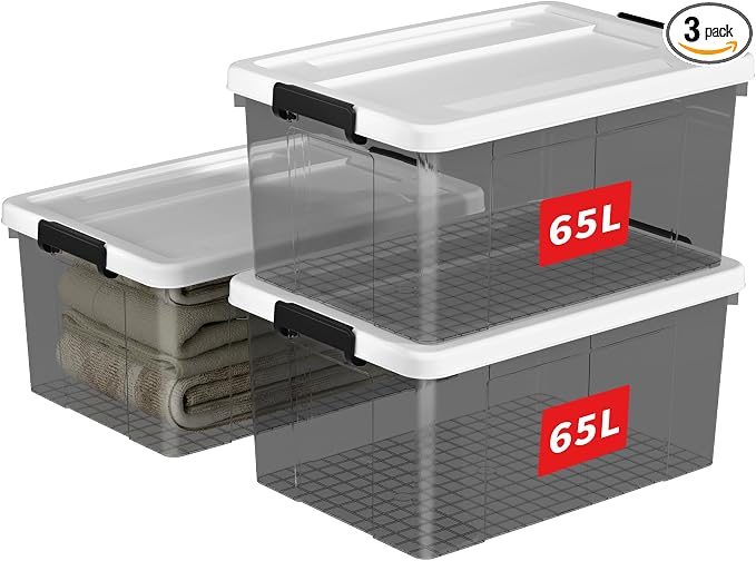 Cetomo Lidded Storage Bin with Handle, Tote Organizing Container with Wheels, Lid and Secure Latching Buckles, Stackable and Nestable, Plastic, 72 Quart-3 Pack, Clear Black