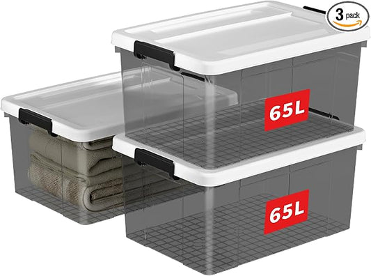 Cetomo Lidded Storage Bin with Handle, Tote Organizing Container with Wheels, Lid and Secure Latching Buckles, Stackable and Nestable, Plastic, 72 Quart-3 Pack, Clear Black