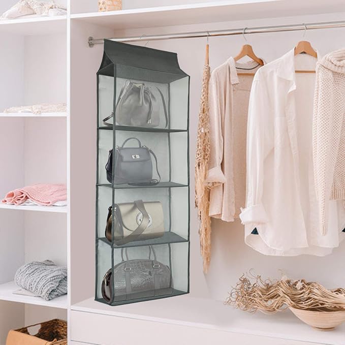 Closet Handbag Purse Holder, Space Saving Hanging Handbag Storage Tote Bag Organizer Holder with 4 Large Heavy-Duty Mesh Shelves for Wardrobe Closet(Gray)