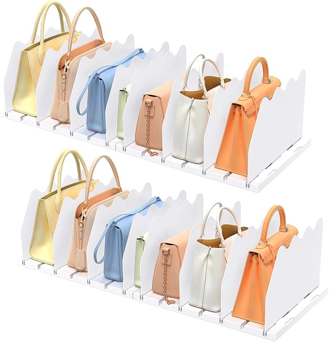 SOYO Adjustable Purse Organizers for Closet, Acrylic Shelf Divider for Bag and Purse Storage, Pocketbook and Handbag Organizer, Bookshelf Separator Organizers for House, Office Use, White，2pc