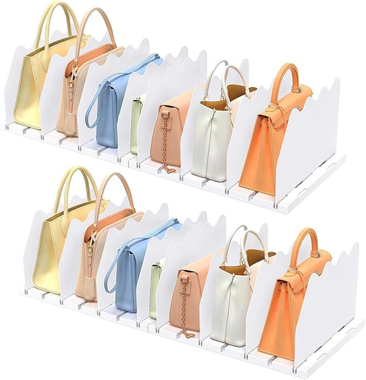 SOYO Adjustable Purse Organizers for Closet, Acrylic Shelf Divider for Bag and Purse Storage, Pocketbook and Handbag Organizer, Bookshelf Separator Organizers for House, Office Use, White，2pc