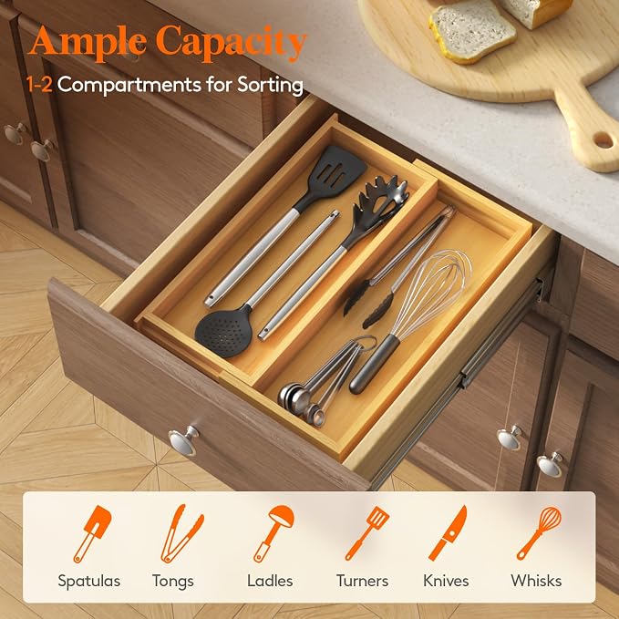 Lifewit Utensil Organizer for Kitchen Drawer, Expandable Cooking Utensil Tray, Cutlery Silverware Flatware Holder, Wood Adjustable Spatula Tools Storage Divider, 7-12 x 15.75", Natural