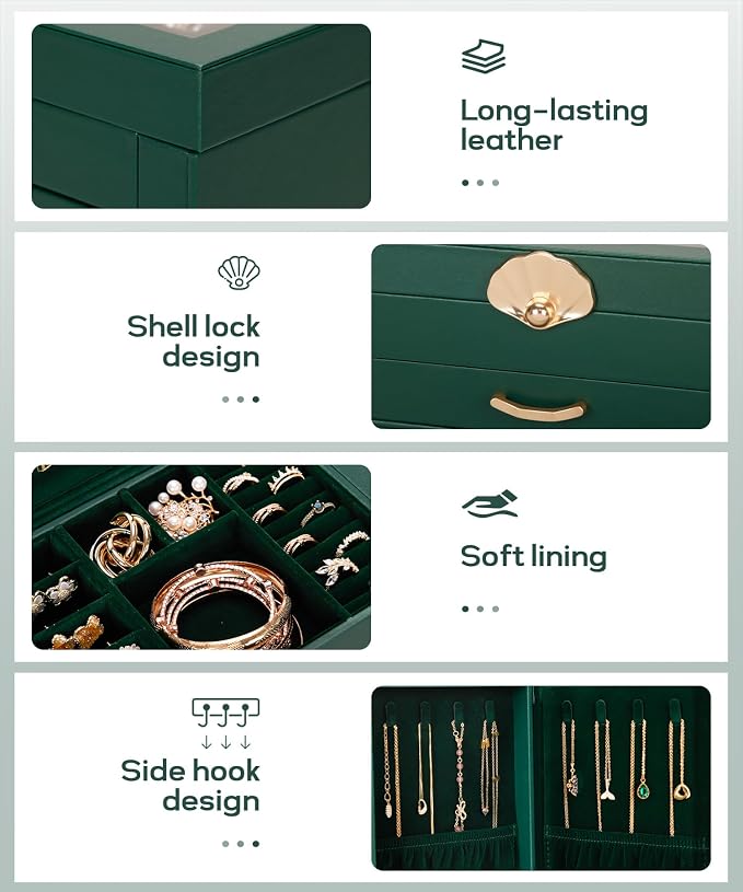 Enthralite Jewelry Box with 3 Drawers: Display Organizer for Earrings Necklaces - Gifts for Girls Women (Forest Green)