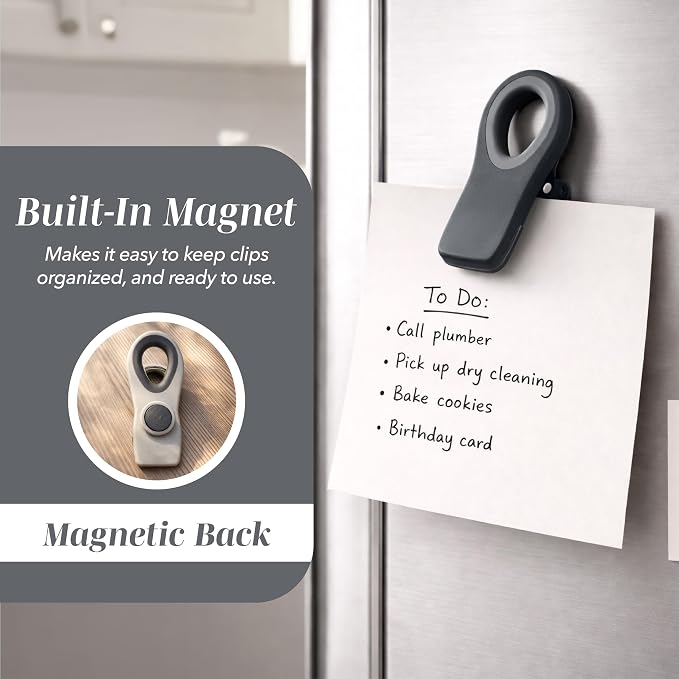 COOK WITH COLOR Bag Clips with Magnet- Food, Chip, Bag Clips for Food Storage with Airtight Seal Grip for Bread, Snack and Food Bags (Grey Ombre, Pack of 10)