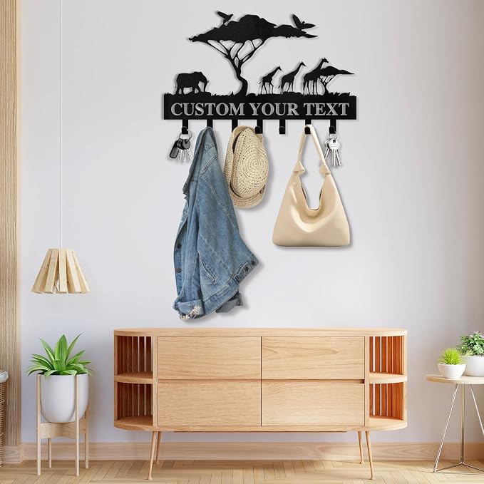 Dyoart Personalized Key Holder for Wall | Custom Name Metal Cabin Key Hooks | Coat Hook Key Rack Wall Mount | Metal Wall Key Holder | Animal Theme African Art Decor for Living Room Hallway Office