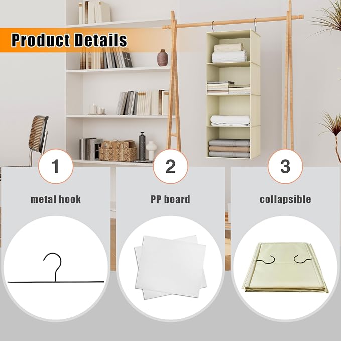 Hanging Closet Organizer 4-Shelf, Oxford Fabric Wardrobe Storage, Beige | Easy-mount foldable design holds clothes, handbags, shoes & accessories; washable Oxford fabric, sturdy and space-saving.