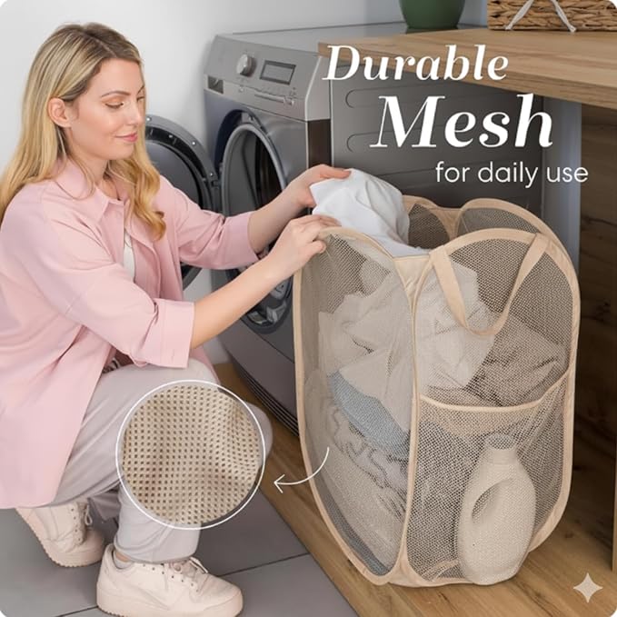 Handy Laundry Collapsible Mesh Pop Up Laundry Hamper with Side Pocket, Breathable & Space-Saving Foldable Basket for Clothes, Toys, Travel, Storage, 14 x 13 x 24 in, Beige