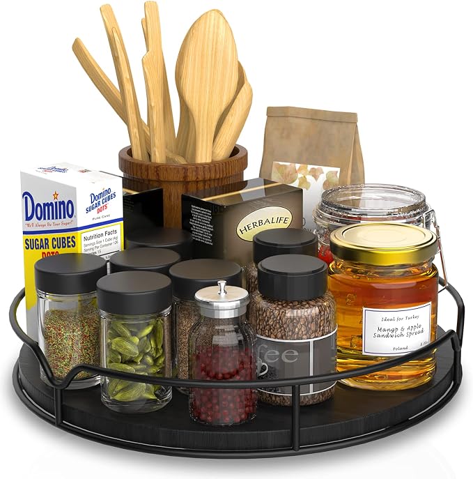 Lazy Susan Turntable Organizer with Anti-Slip Mat for Cabinet Pantry Kitchen Countertop Refrigerator Office, Pine Wood, 10", Black