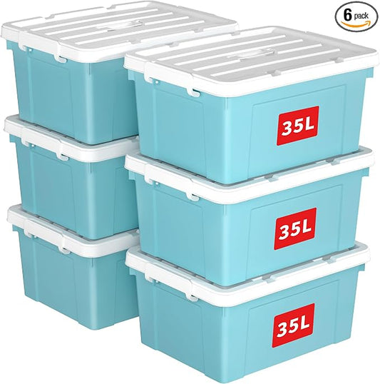 Cetomo Lidded Storage Bin with Handle, Tote Organizing Container with Durable Lid and Secure Latching Buckles, Stackable and Nestable, Plastic, 40 Quart-6 Pack, Blue