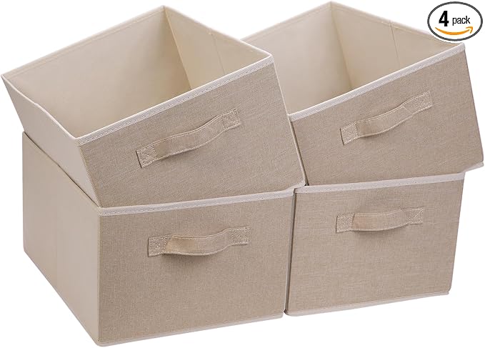 JAKAGO Fabric Storage Bins set of 4 Rectangle Storage Baskets with Handle Foldable Closet Organizer for Clothes Towel bedding Books Collapsible Clothing Container for Shelves Bedroom(Beige High)