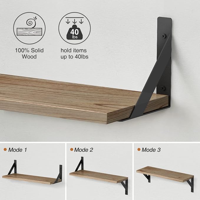 Forbena Wood Floating Shelves for Wall 24 inches Long, Large Bathroom Hanging Shelves Set of 3, Wall Mounted Storage Shelf for Bathroom Bedroom Living Room Kitchen Closet (Natural Wood)