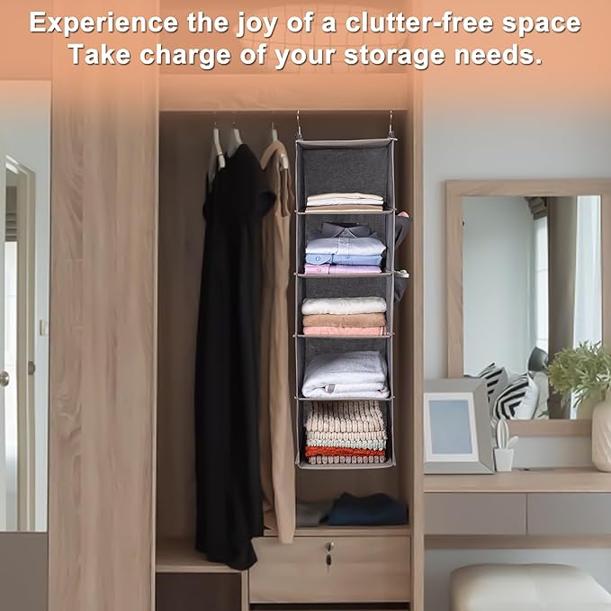 BOOMIBOO Hanging Closet Organize and Shelves，5-Hanging Shelf with 2 Side Pockets，Storage Foldable （Red）