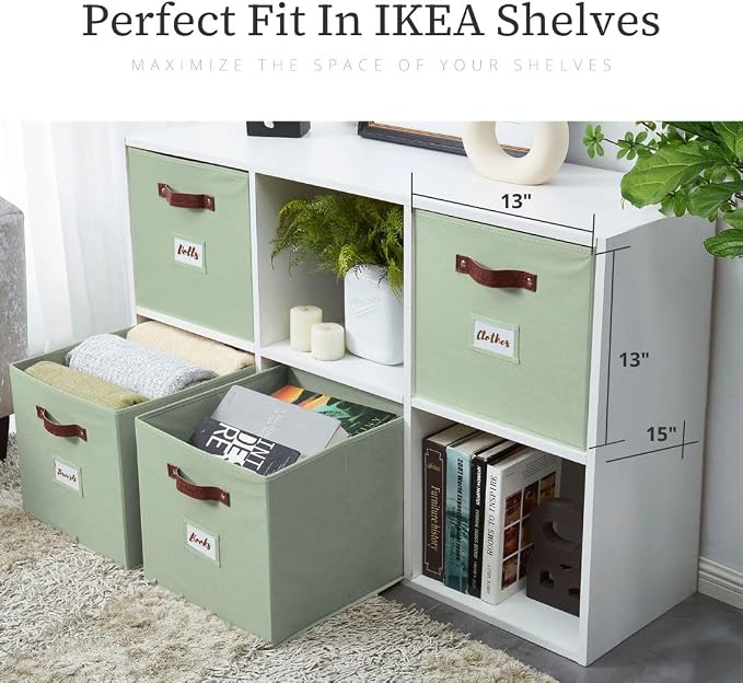 DECOMOMO Storage Bins, Storage Baskets for Shelves | 13" x 15" x 13" Storage Cube Bins with Labels for Organizing Shelves (Kallax, 4pcs, Sage Green)