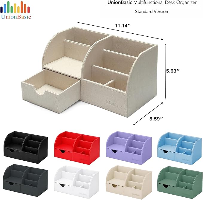 UnionBasic Desk Organizer - Multifunctional Leather Desktop Pen Holder Storage Box - Business Card/Pen/Pencil/Mobile Phone/Stationery Holder, Beige