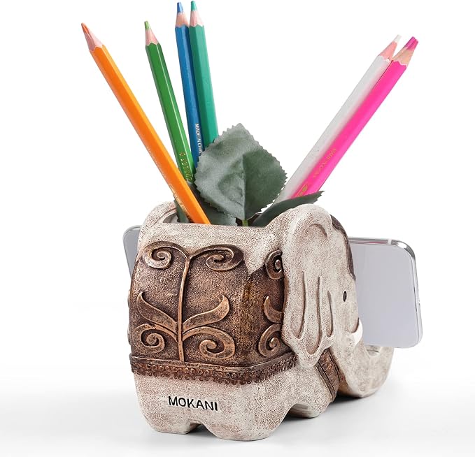 MOKANI Elephant Pencil Holder with Phone Stand, Elephant Gifts for Women | Office Home Desk Organizer Accessories Cute Desk Decor Decorations Thanksgiving Christmas Christmas Gift
