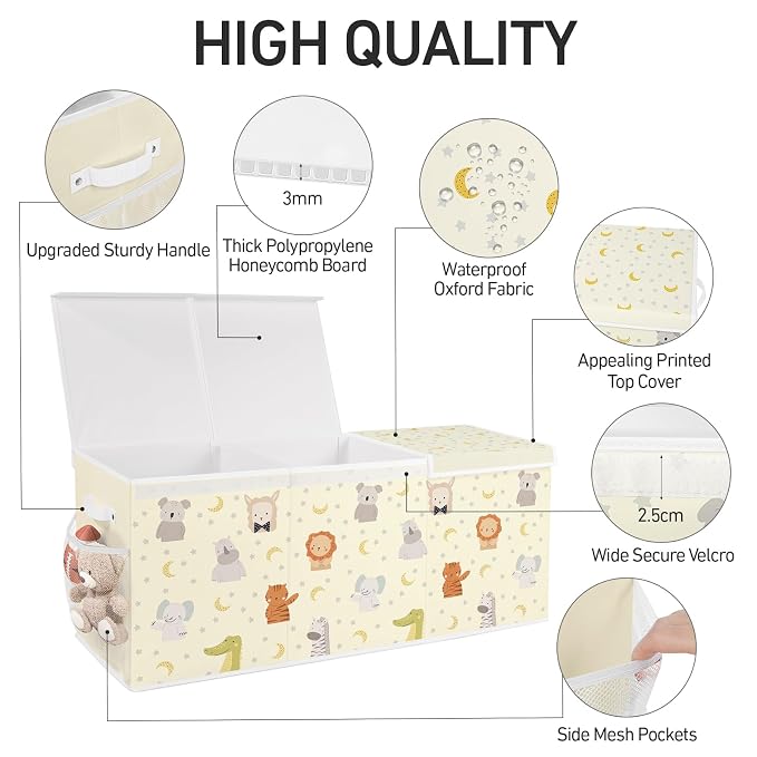 Extra Large Collapsible Toy Box with Lids, Sturdy Storage Organizer for Kids, 38"x16"x13" Toy Chest for Playroom, Nursery, Bedroom, Living Room (Pastel Animals)
