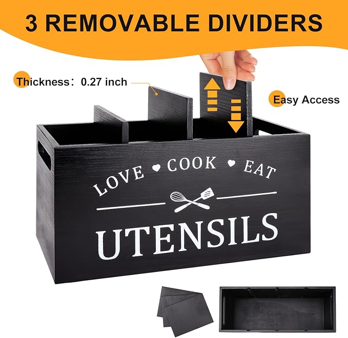 Black Extra Large Wood Cooking Utensil Holder Kitchen Spatula Spoon Holder | Wooden Utensils Caddy for Kitchen Countertop Organizer Rustic Decor Kitchen Counter Tool Holder Farmhouse Utensil Crock