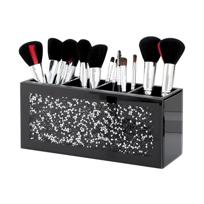 SHYFOY Black Makeup Brush Holder, 4-Compartment Makeup Organizer with Crushed Diamond Crystals, Vanity Cosmetics Organizer Solution, Pencil Holder Organizer for Desk