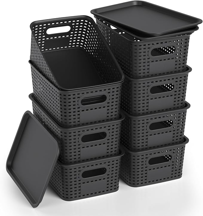 Plastic Storage Basket with Lid, Stackable Small Box Bins for Organizing and Containers for Shelves Drawers Desktop Closet Playroom Pantry Classroom Office Home, 8 Pack 10.2x7.2x4.1 Inch, Black