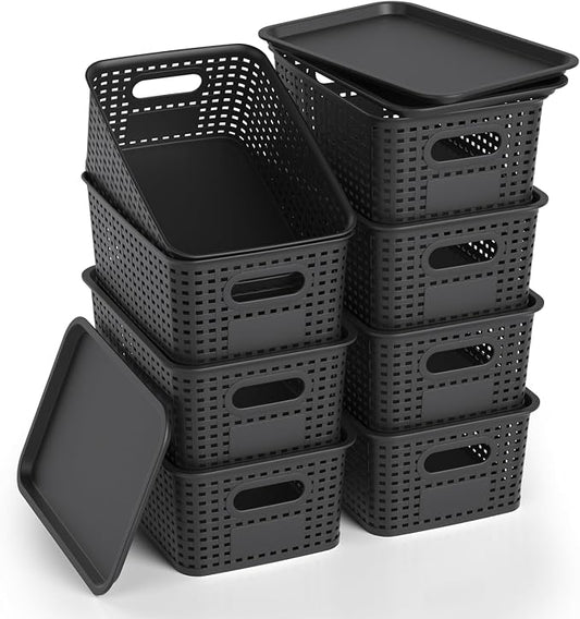 Plastic Storage Basket with Lid, Stackable Small Box Bins for Organizing and Containers for Shelves Drawers Desktop Closet Playroom Pantry Classroom Office Home, 8 Pack 10.2x7.2x4.1 Inch, Black
