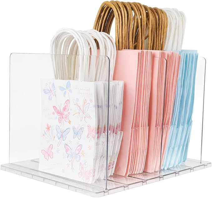 Gift Bag Storage Organizer:Acrylic reusable grocery bag organizer bag, Adjustable Shelf Divider Bag Organizer for Small Closet Upgraded to four partitions for more convenient storage