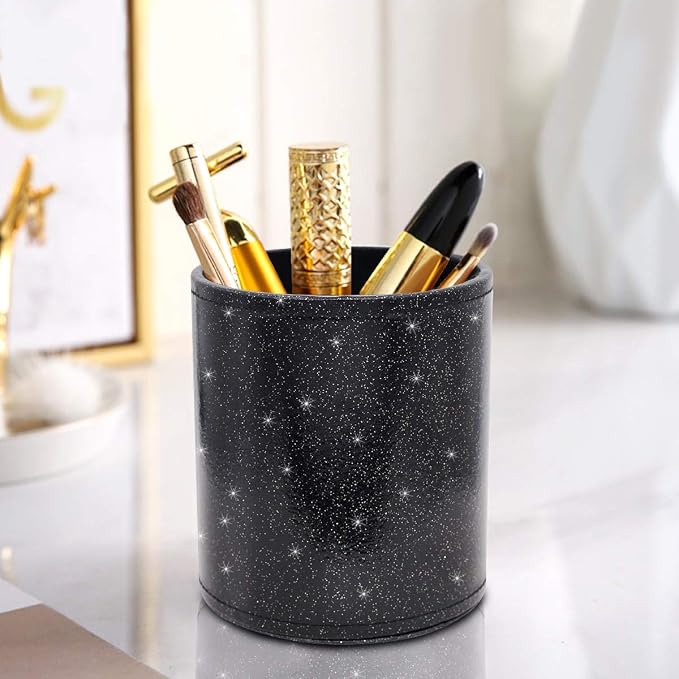 Pen Holder for Desk,Stand for Office Luxury Glitter Pencil Cup for Women Men Leather Organizer for Adult Teen, Black