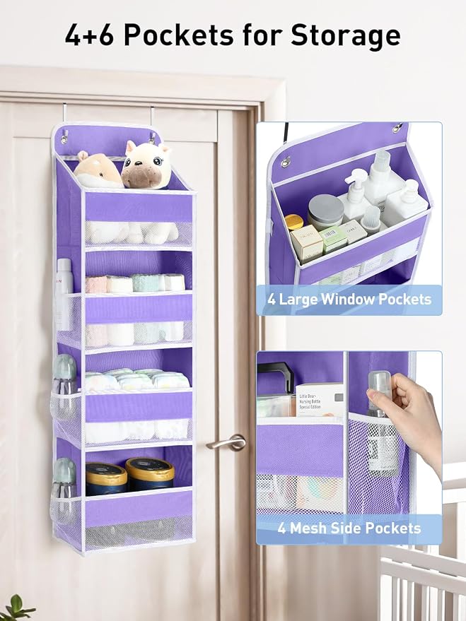 Yecaye Over the Door Organizer forNursery Closet 35.2lbs Load Purple 4 Tier | Over the Door Storgae for Newborn Baby Essential Diaper Baby Clothes, College Dorm Room Essentials, Stuffed Animal Storage
