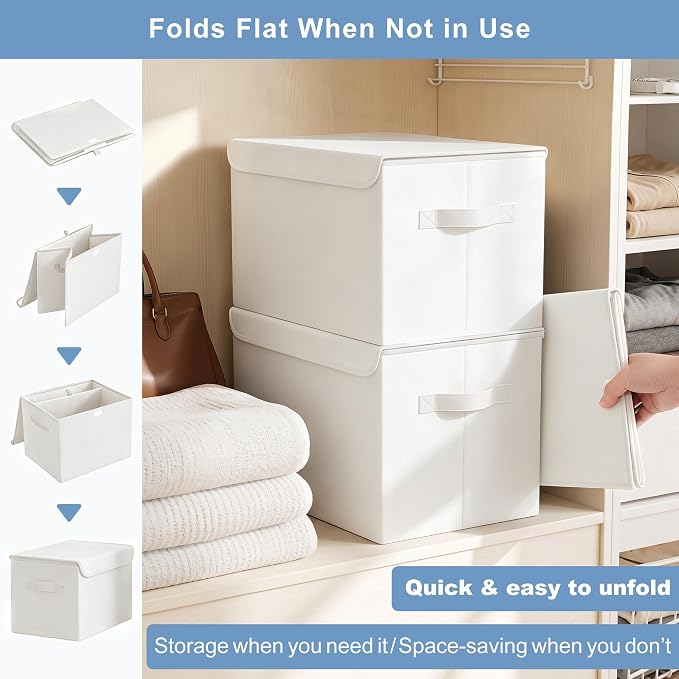 Bagnizer Large 17" 42 Quarts Collapsible Stackable Storage Bins with Lids [3-Pack] Foldable Fabric Linen Storage Boxes Cube, Closet Organizer Baskets with Label (16.7 x 12 x 12, White)