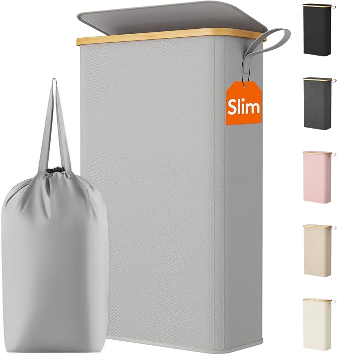 Lifewit 65L Slim Laundry Hamper with Lid, Narrow Laundry Basket with Removable Bag & Bamboo Handles, Fodable Thin Dirty Clothes Hamper for Laundry Collapsible Bin for Bathroom Bedroom Dorm,Silver Grey