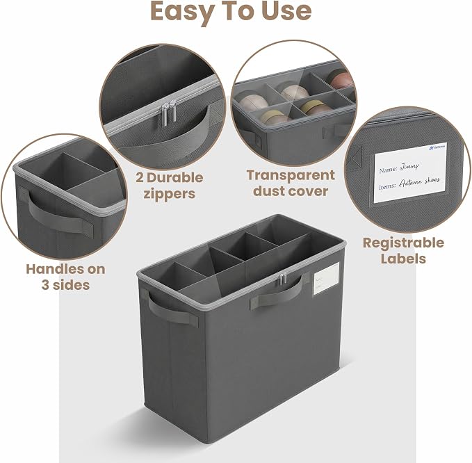 Varhomax Shoe Organizer Box for Closet, Small Fabric Shoe Storage Bin with Adjustable Dividers & Clear Cover, Saving Space Sneakers & Sandals Containers for Entryway, Cubby - Gray 3 Pack