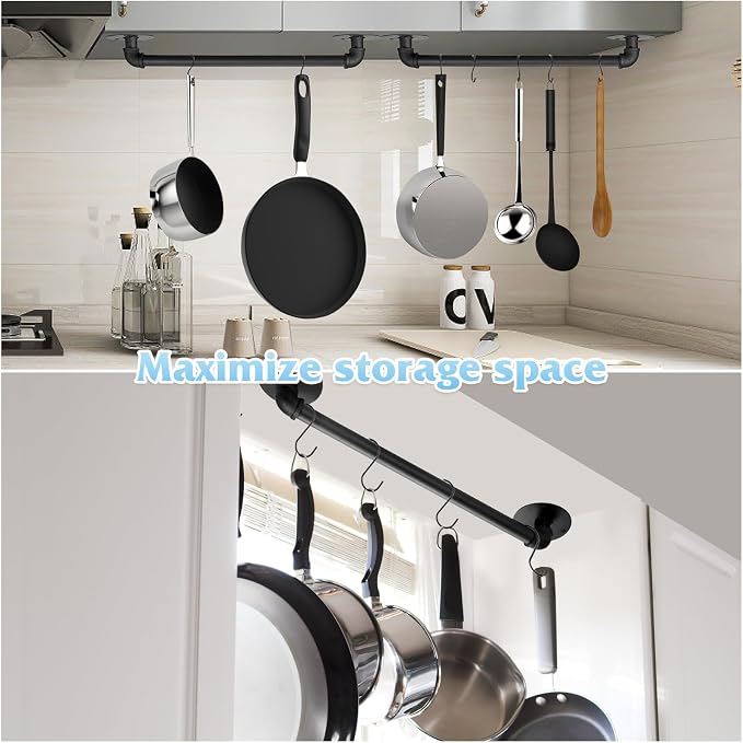 Pot Pan Rack Wall Mounted Set of 2, 21" Industrial Pipe Utensils Hanger Holder Pots Storage Organizer Iron Detachable Hanging Rail for Kitchen with 10 S Hooks…