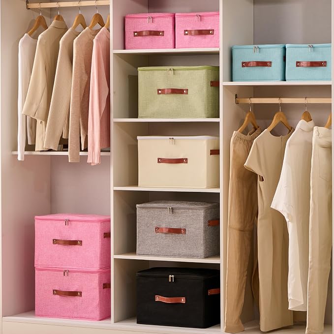 3PCS Storage Bins Boxes with Zippered Lids Cotton Linen Fabric Decorative Basket PU Leather Handles PP Plastic Board Foldable Lidded Clothing Shelf Closet Organizer Container (Gray, Small)