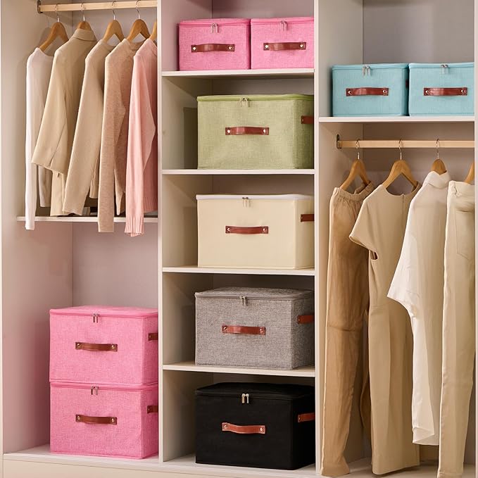 3PCS Storage Bins Boxes with Zippered Lids Cotton Linen Fabric Decorative Basket PU Leather Handles PP Plastic Board Foldable Lidded Clothing Shelf Closet Organizer Container (Gray, Large)