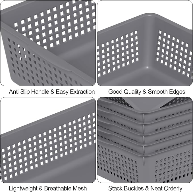 6-Pack A4 Paper Storage Trays, Desktop File Organizer Baskets, Grey | Organizing Desk Tray for A4 Papers, Classroom Storage Plastic Paper Bins, Fun Turn In Trays for Teachers and Students