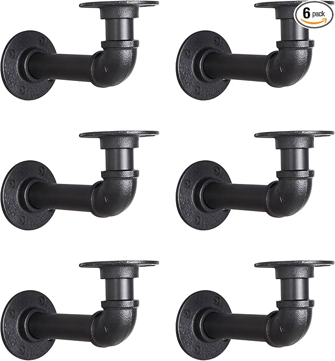 Industrial L Pipe Shelf Brackets for 9-18 in Depth Wood Heavy-Duty 3/4" Iron,Wall Mount Floating Shelf Bracket L Metal Pipe Shelving Brackets for Wood-Black DIY Pipe Shelves(8.5*3.1 Inch 6 Pack)
