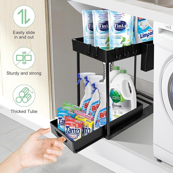 2-Pack Under Sink Organizer – 2-Tier Sliding Storage Rack for Bathroom & Kitchen, Pull-Out Under Cabinet Organizer for Bathroom Organizers and Storage (Black)