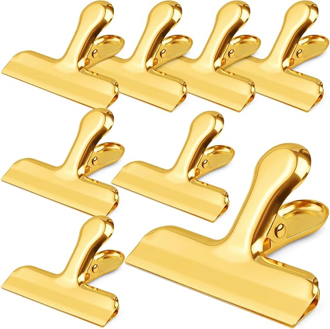 Funfery Chip Clips Bag Clips Gold Stainless Steel Clip for Food Storage,Air Tight Seal Chip Bag Clip 3 Inch Strong Food Clipp for Snack,Chips,Kitchen Decor,Home&Office Paper Heavy Duty-8 Pack