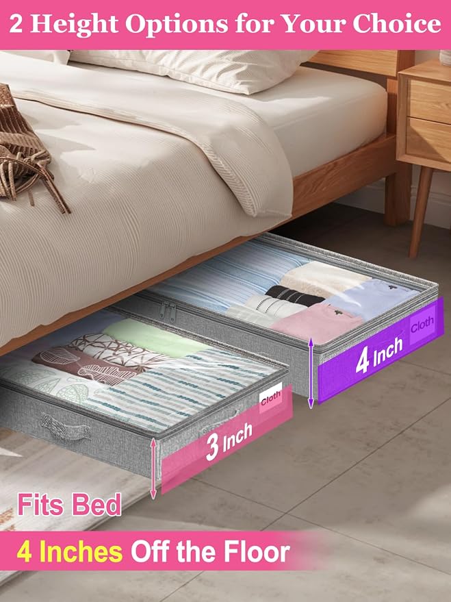 3-Inch High Under Bed Storage Containers, Low Profile Underbed Bins, NO RIGID STRUCTURE, Foldable Clothes Storage Organizer w/Lid & Zipper, Shallow Storage for Low Beds, Couches & Cribs, 2-Pack, Gray