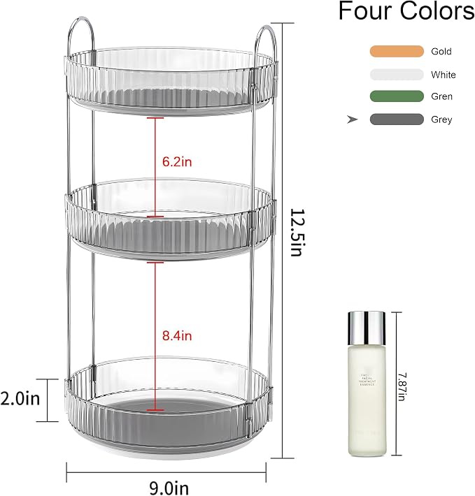 YCIA&DONE 360 Rotating Makeup Organizer and Storage for Vanity Countertop 3 Tiers, High Capacity Cosmetic Skincare Perfume Organizers for Dresser Bathroom Lazy Susan (Smoky Gray)
