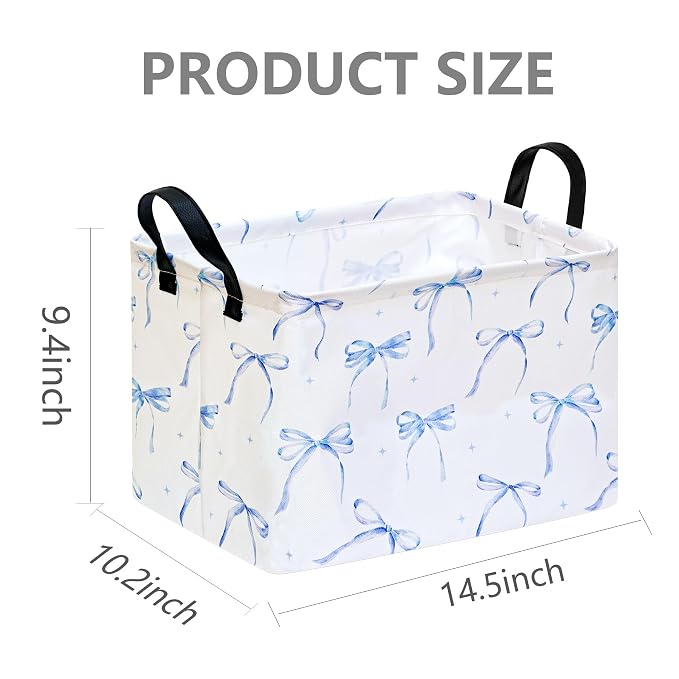 Blue Bow Storage Basket, Rectangle Closet Baskets Foldable Organizer Bin with Handles for Bedroom Nursery Home Office Dorm Room