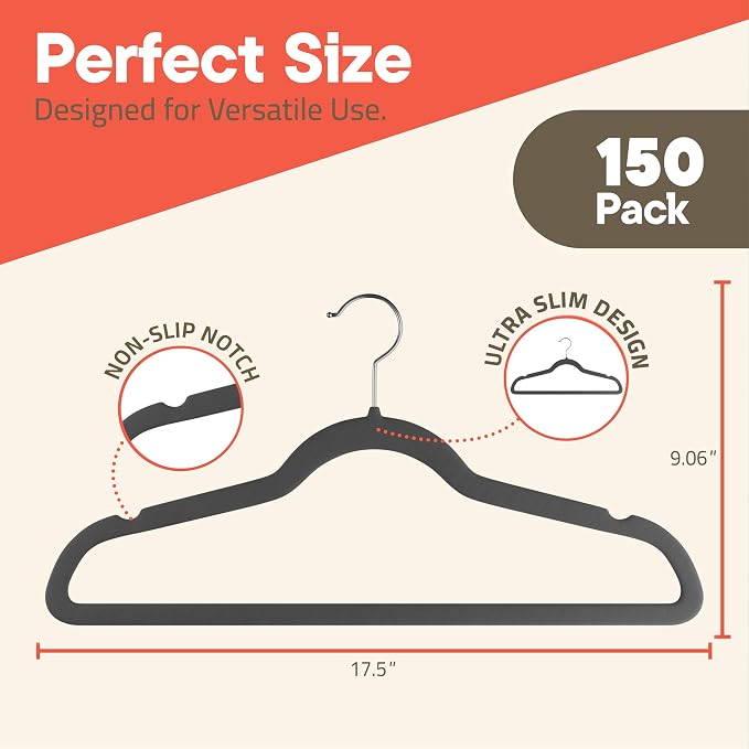 Gray Velvet Hangers 150 Pack – 360° Swivel Hook, Non-Slip and Space Saving Hangers, Heavy-Duty 11 lbs Weight Capacity - Smooth Velvet Finish for Crease-Free Clothes and Effortless Closet Organization