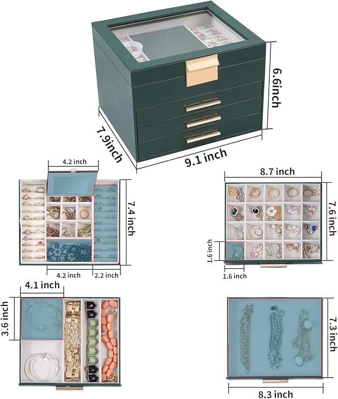 BOOVO Clear Lid Jewelry Box,3 Layers Jewelry Organizer Large Jewelry Storage Box with 2 Drawers,Jewelry Holder Organzier of Rings Earrings Necklace Bracelets for Women (Dark Green, 4 Layer)