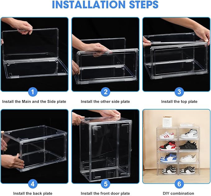 HIYOHIYO 2-Pack Stackable Clear Shoe Boxes, Acrylic Display Shoes Organizer, Thicken Sturdy Display Box with Magnetic Door, Clear Shoe Storage Boxes, Fit up to US Size 14