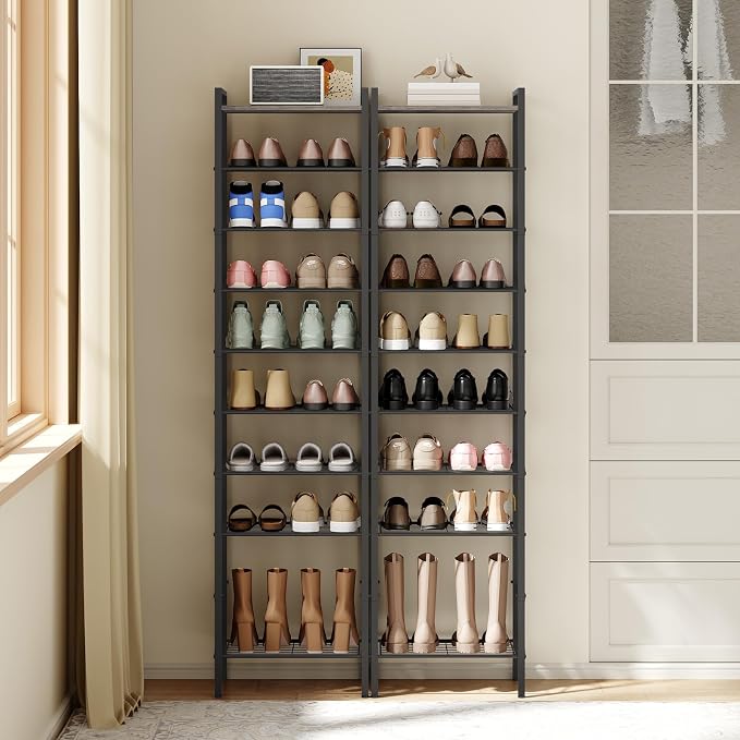YATINEY 10-Tier Narrow Shoe Rack, Tall Shoe Rack for 10-20 Pairs, Slim Shoe Storage Organizer with Wooden Top, Space Saving, Metal Frame, for Entryway, Charcoal and Black SS68BC